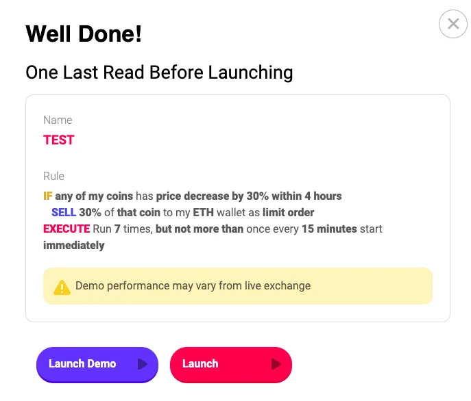 Launch demo strategy on Coinrule 