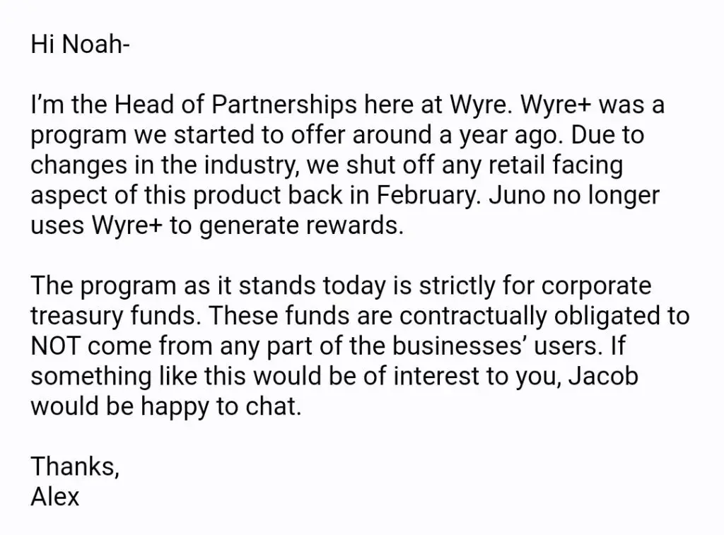 Wyre's response to Noah Weidner's letter