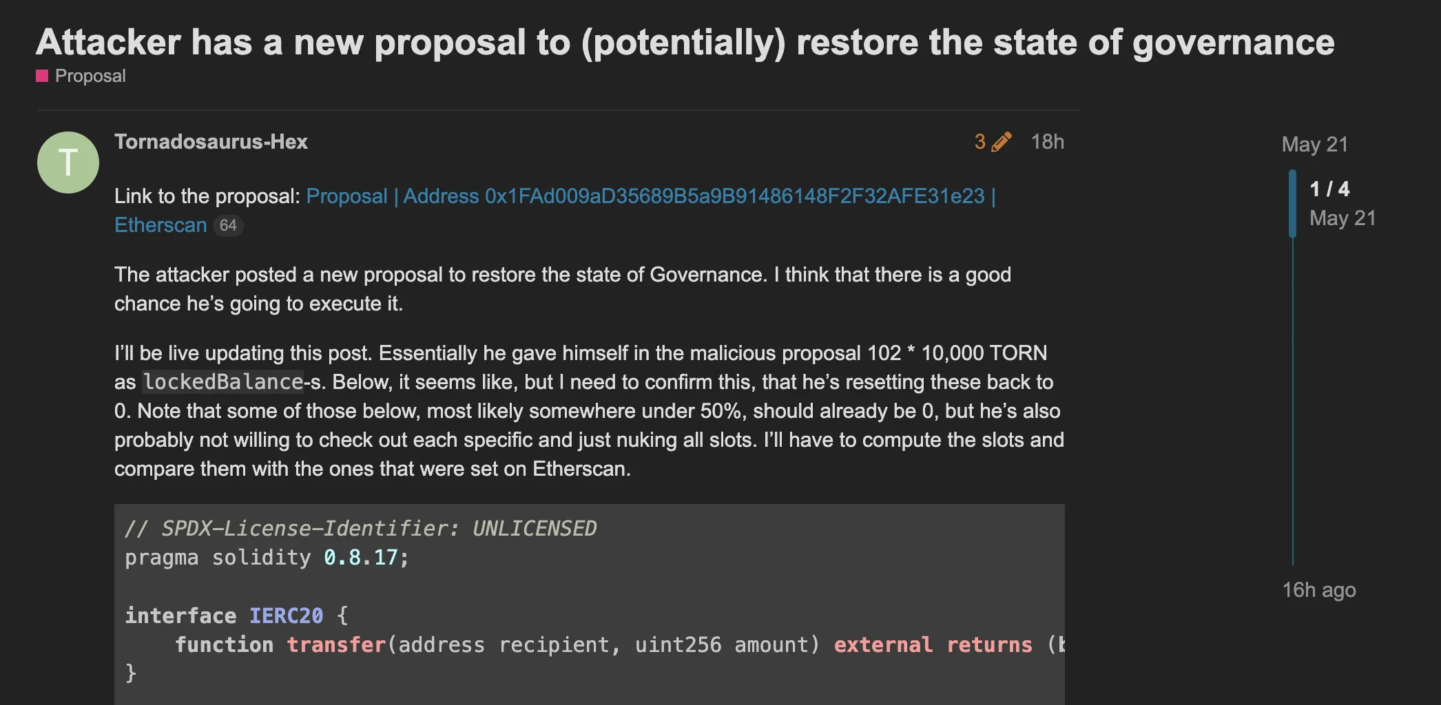 Attacker's proposal to return governance back to Tornado Cash users. Source: forums.tornadocash.community