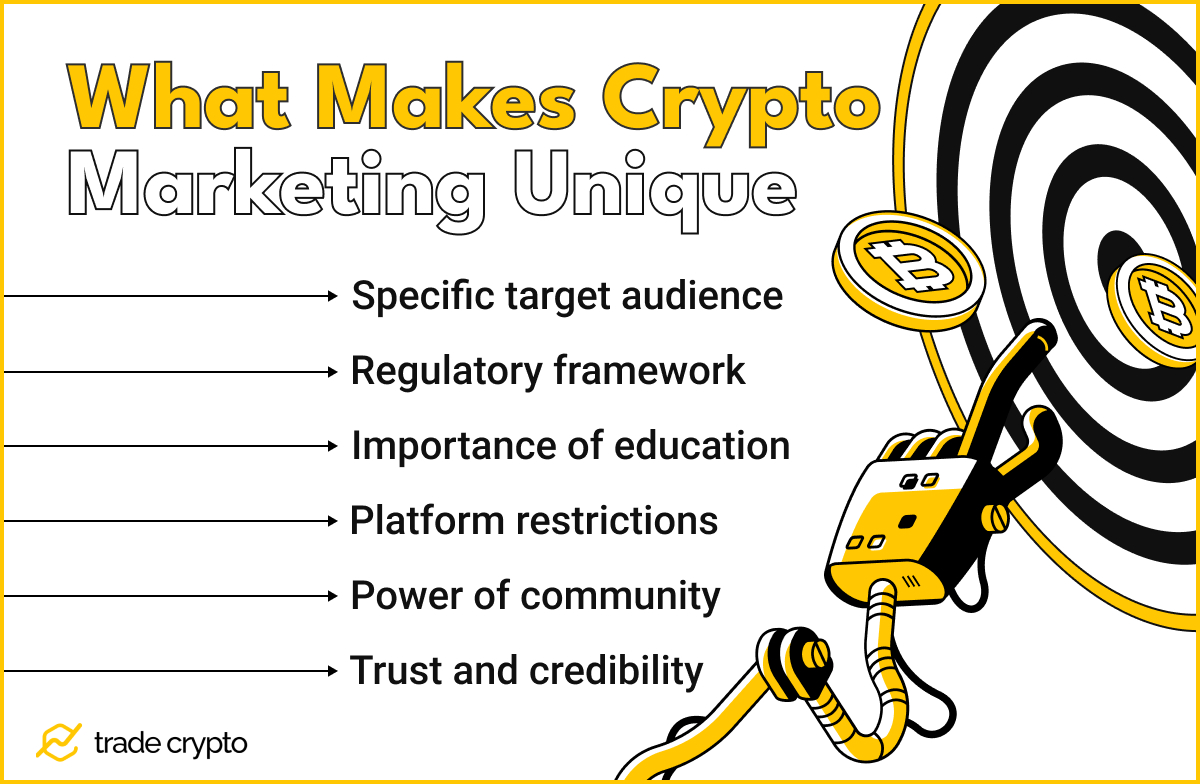 What makes crypto marketing unique 
Specific target audience 
Regulatory framework
Importance of education
Platform restrictions
Power of community
Trust and credibility
